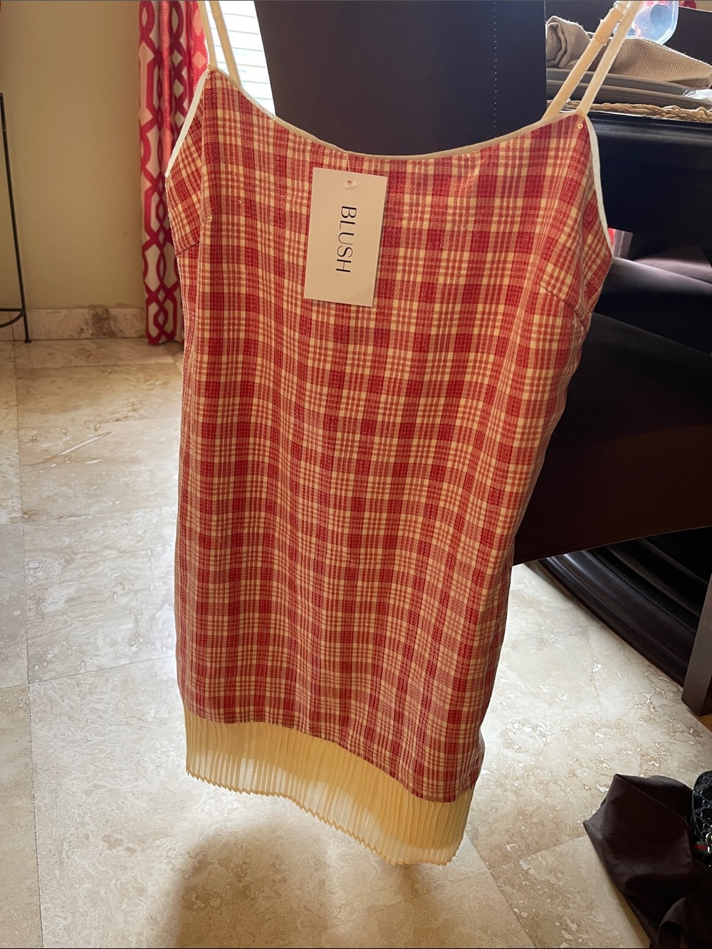 Blush Red Sequins and Cream Plaid Mini Slip Dress